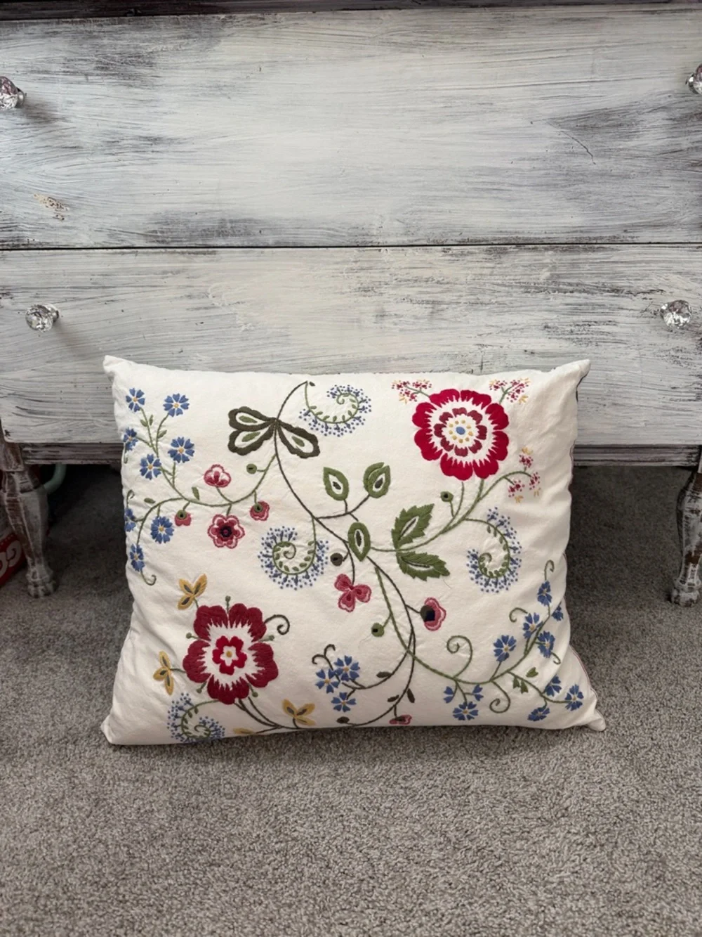 IKEA Alvine Flora Elegant Embroidered Floral Stripe Button Closure Accent Pillow